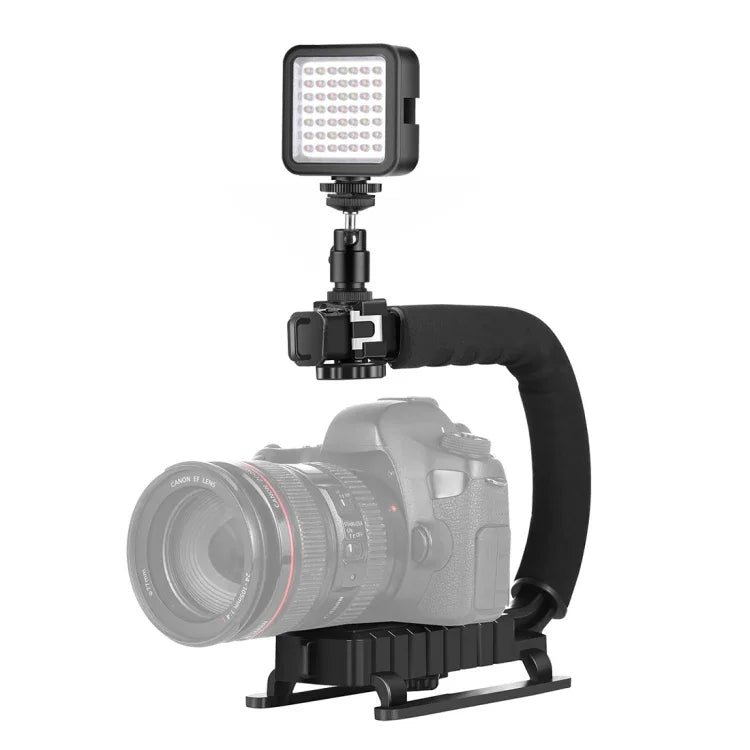 PULUZ U/C형 휴대용 핸드헬드 DV 브래킷 스태빌라이저 + LED 보조 조명 키트 콜드 슈 삼각대 헤드 포함 모든 SLR 카메라 및 가정용 DV 카메라용, C형 브래킷 + 보조 조명