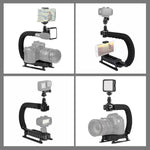 PULUZ U/C형 휴대용 핸드헬드 DV 브래킷 스태빌라이저 + LED 보조 조명 키트 콜드 슈 삼각대 헤드 포함 모든 SLR 카메라 및 가정용 DV 카메라용, C형 브래킷 + 보조 조명