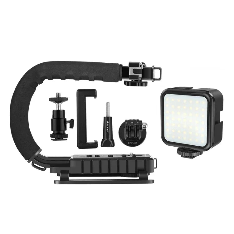 PULUZ U/C형 휴대용 핸드헬드 DV 브래킷 스태빌라이저 + LED 보조 조명 키트 콜드 슈 삼각대 헤드 포함 모든 SLR 카메라 및 가정용 DV 카메라용, C형 브래킷 + 보조 조명