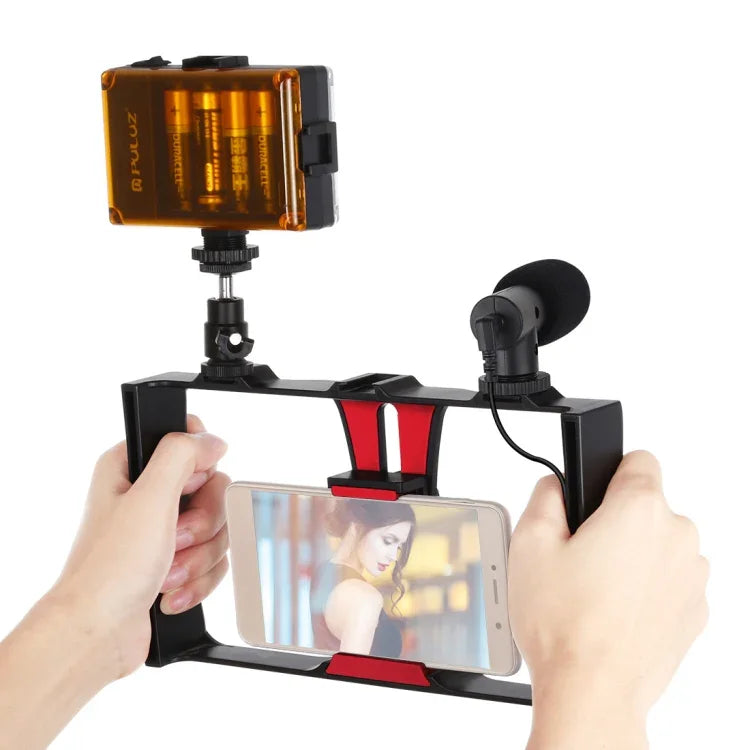 PULUZ 3-in-1 브이로깅 라이브 방송 LED 셀피 라이트 스마트폰 비디오 리그 키트, 마이크 + 콜드 슈 삼각대 헤드 포함, 아이폰, 갤럭시, 화웨이, 샤오미, HTC, LG, 구글 및 기타 스마트폰용, 3-in-1, 3-in-1(레드), 3-in-1(미국)