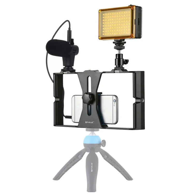 PULUZ 3-in-1 브이로깅 라이브 방송 LED 셀피 라이트 스마트폰 비디오 리그 키트, 마이크 + 콜드 슈 삼각대 헤드 포함, 아이폰, 갤럭시, 화웨이, 샤오미, HTC, LG, 구글 및 기타 스마트폰용, 3-in-1, 3-in-1(레드), 3-in-1(미국)