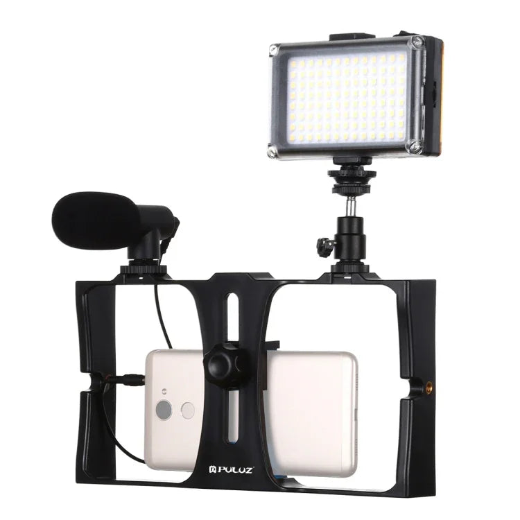 PULUZ 3-in-1 브이로깅 라이브 방송 LED 셀피 라이트 스마트폰 비디오 리그 키트, 마이크 + 콜드 슈 삼각대 헤드 포함, 아이폰, 갤럭시, 화웨이, 샤오미, HTC, LG, 구글 및 기타 스마트폰용, 3-in-1, 3-in-1(레드), 3-in-1(미국)
