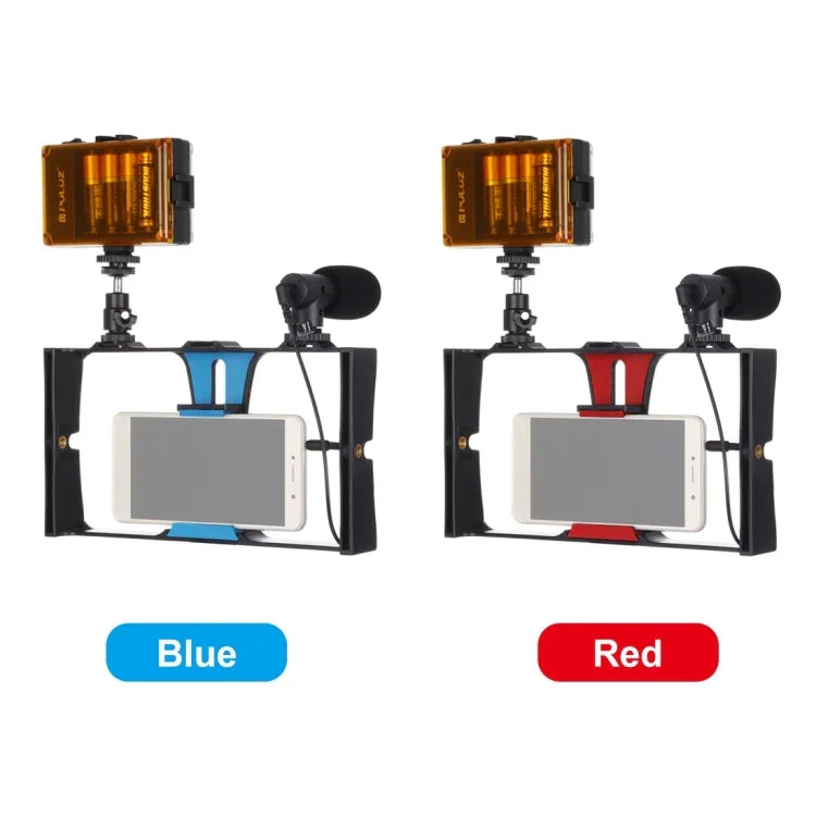 PULUZ 3-in-1 브이로깅 라이브 방송 LED 셀피 라이트 스마트폰 비디오 리그 키트, 마이크 + 콜드 슈 삼각대 헤드 포함, 아이폰, 갤럭시, 화웨이, 샤오미, HTC, LG, 구글 및 기타 스마트폰용, 3-in-1, 3-in-1(레드), 3-in-1(미국)