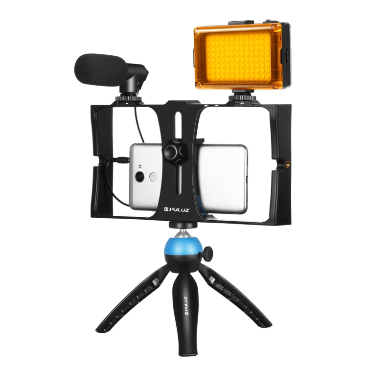PULUZ 4-in-1 브이로깅 라이브 방송 LED 셀피 라이트 스마트폰 비디오 리그 키트, 마이크 + 삼각대 마운트 + 콜드 슈 삼각대 헤드 포함, 아이폰, 갤럭시, 화웨이, 샤오미, HTC, LG, 구글 및 기타 스마트폰용, 4-in-1(블루), 4-in-1, 4-in-1(미국)