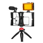 PULUZ 4-in-1 브이로깅 라이브 방송 LED 셀피 라이트 스마트폰 비디오 리그 키트, 마이크 + 삼각대 마운트 + 콜드 슈 삼각대 헤드 포함, 아이폰, 갤럭시, 화웨이, 샤오미, HTC, LG, 구글 및 기타 스마트폰용, 4-in-1(블루), 4-in-1, 4-in-1(미국)