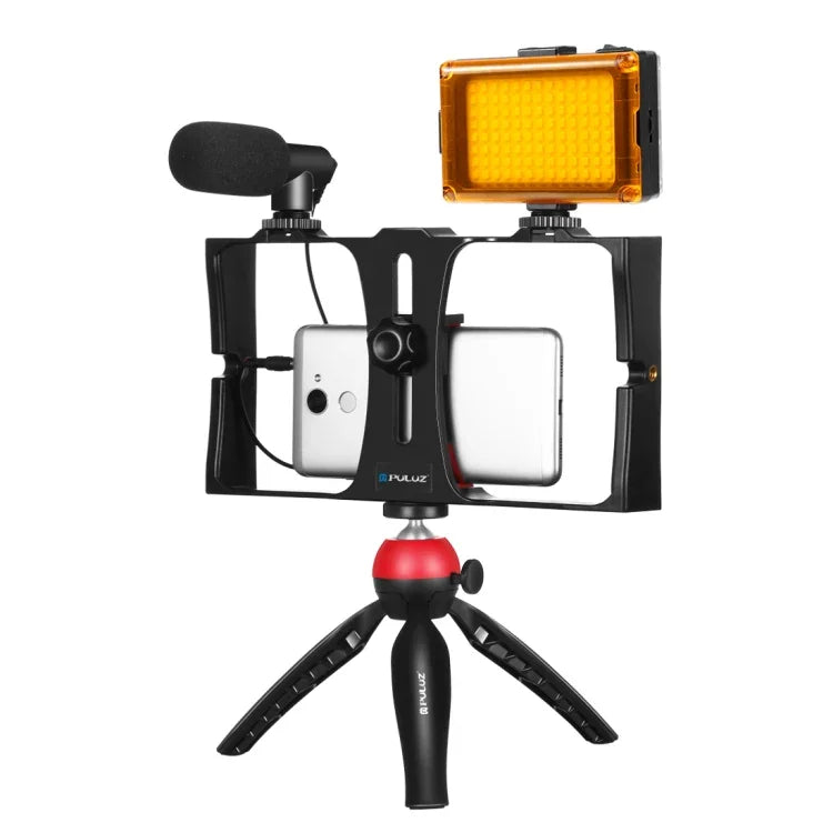 PULUZ 4-in-1 브이로깅 라이브 방송 LED 셀피 라이트 스마트폰 비디오 리그 키트, 마이크 + 삼각대 마운트 + 콜드 슈 삼각대 헤드 포함, 아이폰, 갤럭시, 화웨이, 샤오미, HTC, LG, 구글 및 기타 스마트폰용, 4-in-1(블루), 4-in-1, 4-in-1(미국)