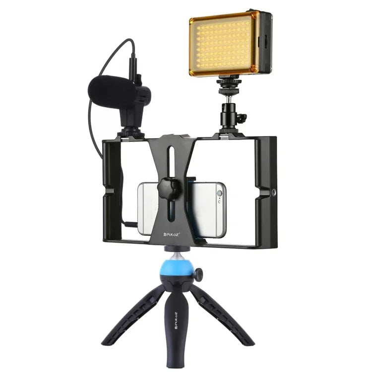 PULUZ 4-in-1 브이로깅 라이브 방송 LED 셀피 라이트 스마트폰 비디오 리그 키트, 마이크 + 삼각대 마운트 + 콜드 슈 삼각대 헤드 포함, 아이폰, 갤럭시, 화웨이, 샤오미, HTC, LG, 구글 및 기타 스마트폰용, 4-in-1(블루), 4-in-1, 4-in-1(미국)