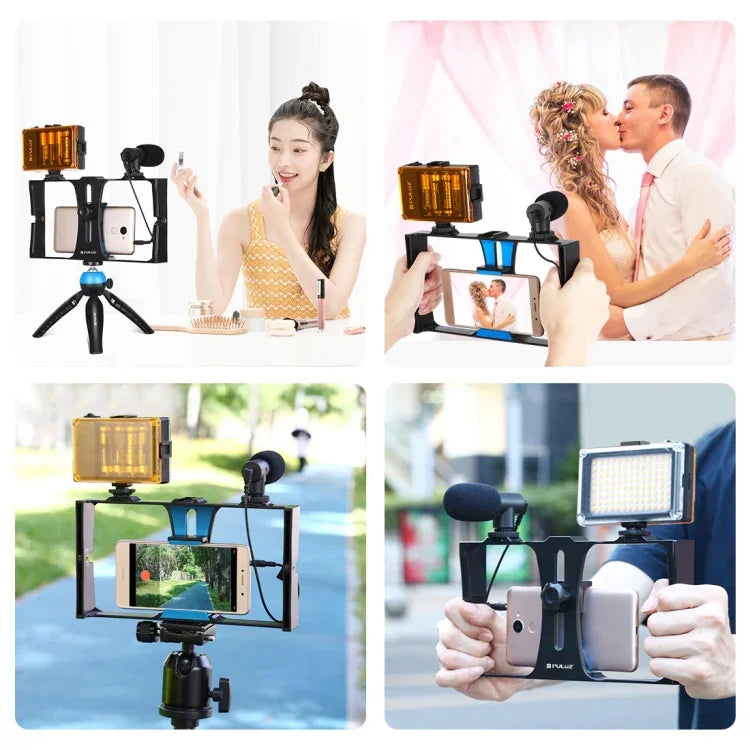 PULUZ 4-in-1 브이로깅 라이브 방송 LED 셀피 라이트 스마트폰 비디오 리그 키트, 마이크 + 삼각대 마운트 + 콜드 슈 삼각대 헤드 포함, 아이폰, 갤럭시, 화웨이, 샤오미, HTC, LG, 구글 및 기타 스마트폰용, 4-in-1(블루), 4-in-1, 4-in-1(미국)