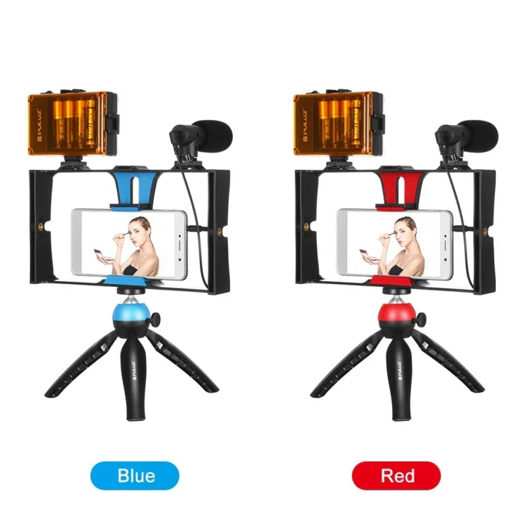PULUZ 4-in-1 브이로깅 라이브 방송 LED 셀피 라이트 스마트폰 비디오 리그 키트, 마이크 + 삼각대 마운트 + 콜드 슈 삼각대 헤드 포함, 아이폰, 갤럭시, 화웨이, 샤오미, HTC, LG, 구글 및 기타 스마트폰용, 4-in-1(블루), 4-in-1, 4-in-1(미국)