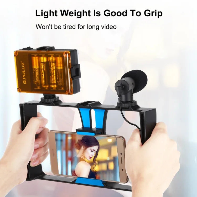 PULUZ 4-in-1 브이로깅 라이브 방송 LED 셀피 라이트 스마트폰 비디오 리그 키트, 마이크 + 삼각대 마운트 + 콜드 슈 삼각대 헤드 포함, 아이폰, 갤럭시, 화웨이, 샤오미, HTC, LG, 구글 및 기타 스마트폰용, 4-in-1(블루), 4-in-1, 4-in-1(미국)