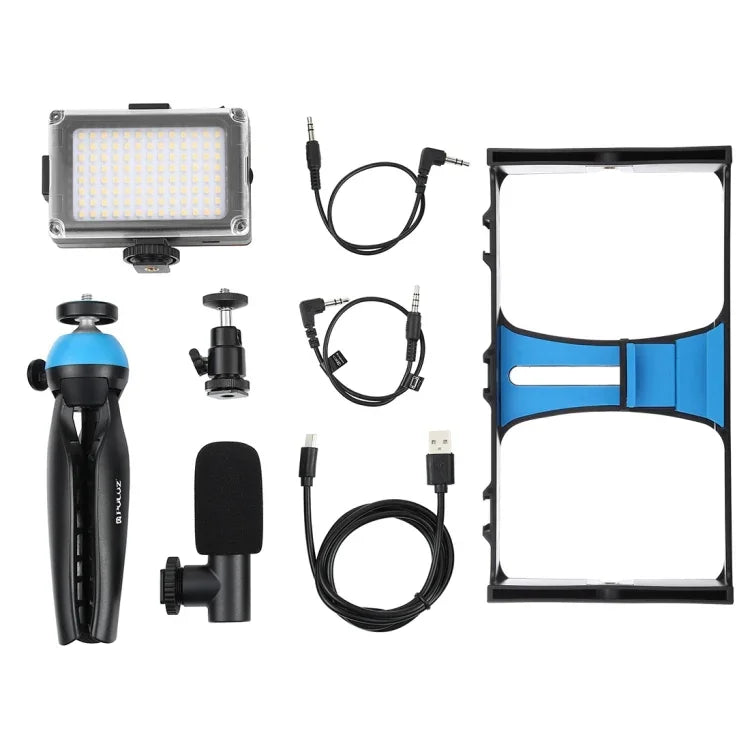PULUZ 4-in-1 브이로깅 라이브 방송 LED 셀피 라이트 스마트폰 비디오 리그 키트, 마이크 + 삼각대 마운트 + 콜드 슈 삼각대 헤드 포함, 아이폰, 갤럭시, 화웨이, 샤오미, HTC, LG, 구글 및 기타 스마트폰용, 4-in-1(블루), 4-in-1, 4-in-1(미국)