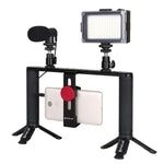 PULUZ 4-in-1 브이로깅 라이브 방송 LED 셀피 라이트 스마트폰 비디오 리그 핸들 스태빌라이저 알루미늄 브래킷 키트, 마이크 + 삼각대 마운트 + 콜드 슈 삼각대 헤드 포함, 알루미늄 브래킷 키트