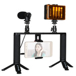 PULUZ 4-in-1 브이로깅 라이브 방송 LED 셀피 라이트 스마트폰 비디오 리그 핸들 스태빌라이저 알루미늄 브래킷 키트, 마이크 + 삼각대 마운트 + 콜드 슈 삼각대 헤드 포함, 알루미늄 브래킷 키트