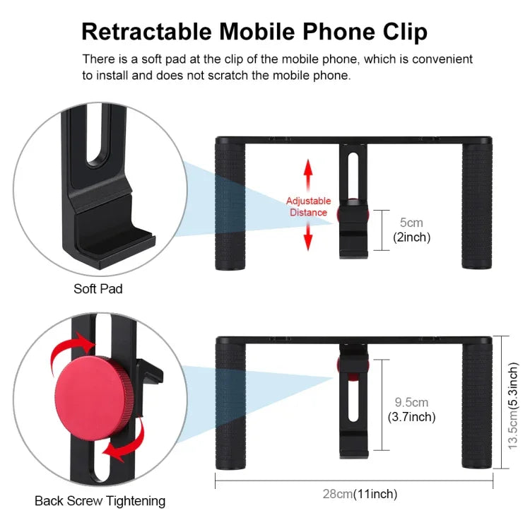 PULUZ 4-in-1 브이로깅 라이브 방송 LED 셀피 라이트 스마트폰 비디오 리그 핸들 스태빌라이저 알루미늄 브래킷 키트, 마이크 + 삼각대 마운트 + 콜드 슈 삼각대 헤드 포함, 알루미늄 브래킷 키트