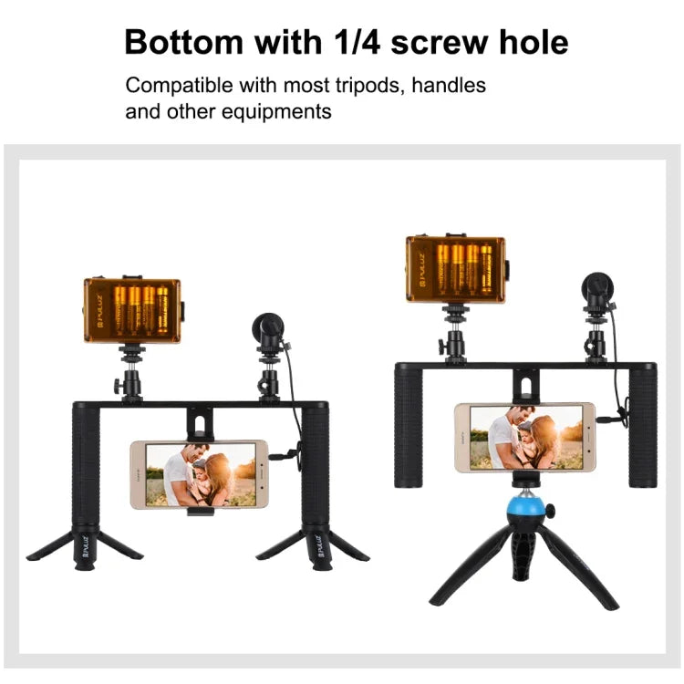 PULUZ 4-in-1 브이로깅 라이브 방송 LED 셀피 라이트 스마트폰 비디오 리그 핸들 스태빌라이저 알루미늄 브래킷 키트, 마이크 + 삼각대 마운트 + 콜드 슈 삼각대 헤드 포함, 알루미늄 브래킷 키트