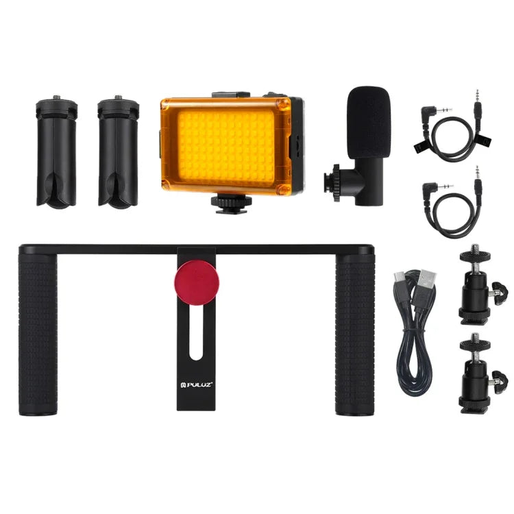 PULUZ 4-in-1 브이로깅 라이브 방송 LED 셀피 라이트 스마트폰 비디오 리그 핸들 스태빌라이저 알루미늄 브래킷 키트, 마이크 + 삼각대 마운트 + 콜드 슈 삼각대 헤드 포함, 알루미늄 브래킷 키트