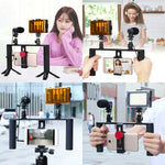 PULUZ 4-in-1 브이로깅 라이브 방송 LED 셀피 라이트 스마트폰 비디오 리그 핸들 스태빌라이저 알루미늄 브래킷 키트, 마이크 + 삼각대 마운트 + 콜드 슈 삼각대 헤드 포함, 알루미늄 브래킷 키트