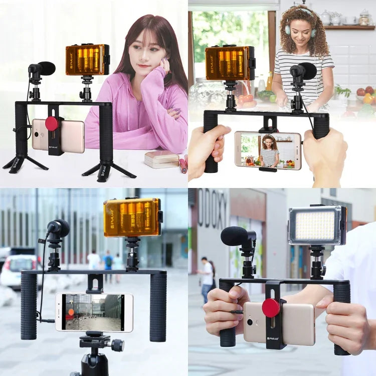 PULUZ 4-in-1 브이로깅 라이브 방송 LED 셀피 라이트 스마트폰 비디오 리그 핸들 스태빌라이저 알루미늄 브래킷 키트, 마이크 + 삼각대 마운트 + 콜드 슈 삼각대 헤드 포함, 알루미늄 브래킷 키트