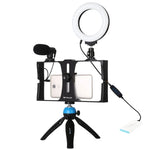 PULUZ 4-in-1 브이로깅 라이브 방송 스마트폰 비디오 리그 + 4.7인치 12cm 링 LED 셀피 라이트 키트, 마이크 + 삼각대 마운트 + 콜드 슈 삼각대 헤드 포함, 아이폰, 갤럭시, 화웨이, 샤오미, HTC, LG, 구글 및 기타 스마트폰용, 4-in-1 링 LED