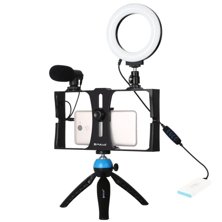 PULUZ 4-in-1 브이로깅 라이브 방송 스마트폰 비디오 리그 + 4.7인치 12cm 링 LED 셀피 라이트 키트, 마이크 + 삼각대 마운트 + 콜드 슈 삼각대 헤드 포함, 아이폰, 갤럭시, 화웨이, 샤오미, HTC, LG, 구글 및 기타 스마트폰용, 4-in-1 링 LED