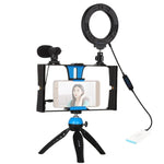 PULUZ 4-in-1 브이로깅 라이브 방송 스마트폰 비디오 리그 + 4.7인치 12cm 링 LED 셀피 라이트 키트, 마이크 + 삼각대 마운트 + 콜드 슈 삼각대 헤드 포함, 아이폰, 갤럭시, 화웨이, 샤오미, HTC, LG, 구글 및 기타 스마트폰용, 4-in-1 링 LED