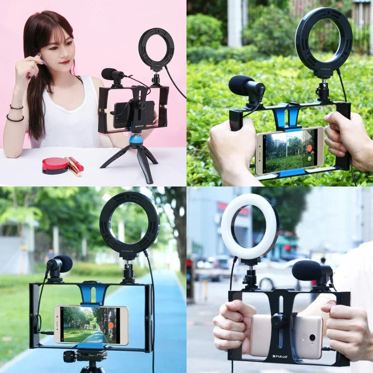 PULUZ 4-in-1 브이로깅 라이브 방송 스마트폰 비디오 리그 + 4.7인치 12cm 링 LED 셀피 라이트 키트, 마이크 + 삼각대 마운트 + 콜드 슈 삼각대 헤드 포함, 아이폰, 갤럭시, 화웨이, 샤오미, HTC, LG, 구글 및 기타 스마트폰용, 4-in-1 링 LED