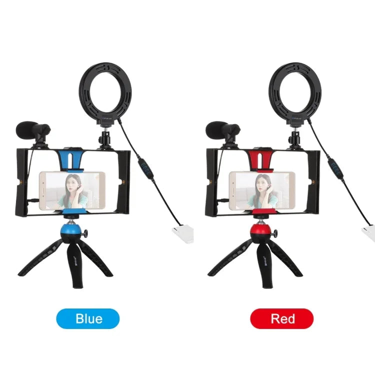 PULUZ 4-in-1 브이로깅 라이브 방송 스마트폰 비디오 리그 + 4.7인치 12cm 링 LED 셀피 라이트 키트, 마이크 + 삼각대 마운트 + 콜드 슈 삼각대 헤드 포함, 아이폰, 갤럭시, 화웨이, 샤오미, HTC, LG, 구글 및 기타 스마트폰용, 4-in-1 링 LED