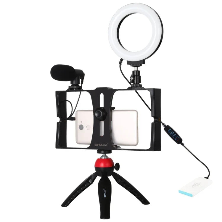 PULUZ 4-in-1 브이로깅 라이브 방송 스마트폰 비디오 리그 + 4.7인치 12cm 링 LED 셀피 라이트 키트, 마이크 + 삼각대 마운트 + 콜드 슈 삼각대 헤드 포함, 아이폰, 갤럭시, 화웨이, 샤오미, HTC, LG, 구글 및 기타 스마트폰용, 4-in-1 링 LED