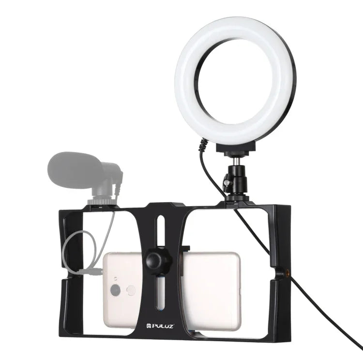 PULUZ 2-in-1 브이로깅 라이브 방송 스마트폰 비디오 리그 + 4.7인치 12cm 링 LED 셀피 라이트 키트, 콜드 슈 삼각대 헤드 포함, 아이폰, 갤럭시, 화웨이, 샤오미, HTC, LG, 구글 및 기타 스마트폰용, 2-in-1 링 LED