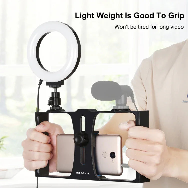 PULUZ 2-in-1 브이로깅 라이브 방송 스마트폰 비디오 리그 + 4.7인치 12cm 링 LED 셀피 라이트 키트, 콜드 슈 삼각대 헤드 포함, 아이폰, 갤럭시, 화웨이, 샤오미, HTC, LG, 구글 및 기타 스마트폰용, 2-in-1 링 LED