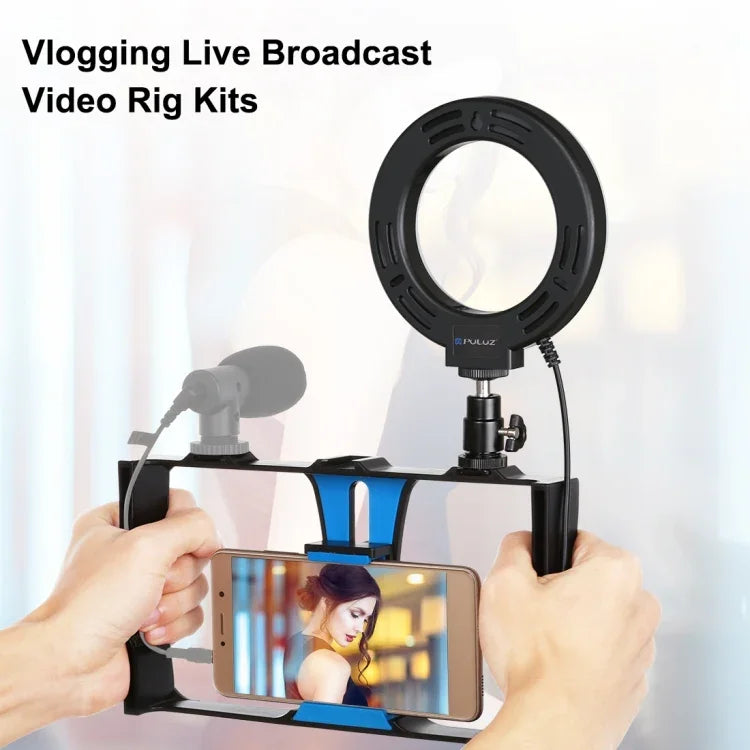 PULUZ 2-in-1 브이로깅 라이브 방송 스마트폰 비디오 리그 + 4.7인치 12cm 링 LED 셀피 라이트 키트, 콜드 슈 삼각대 헤드 포함, 아이폰, 갤럭시, 화웨이, 샤오미, HTC, LG, 구글 및 기타 스마트폰용, 2-in-1 링 LED