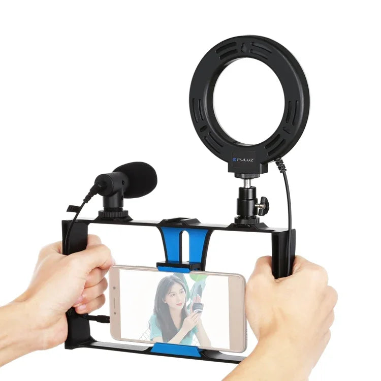 PULUZ 3-in-1 브이로깅 라이브 방송 스마트폰 비디오 리그 + 마이크 + 4.7인치 12cm 링 LED 셀피 라이트 키트, 콜드 슈 삼각대 헤드 포함, 아이폰, 갤럭시, 화웨이, 샤오미, HTC, LG, 구글 및 기타 스마트폰용, 3-in-1 링 LED