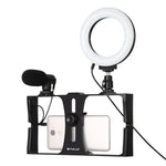 PULUZ 3-in-1 브이로깅 라이브 방송 스마트폰 비디오 리그 + 마이크 + 4.7인치 12cm 링 LED 셀피 라이트 키트, 콜드 슈 삼각대 헤드 포함, 아이폰, 갤럭시, 화웨이, 샤오미, HTC, LG, 구글 및 기타 스마트폰용, 3-in-1 링 LED