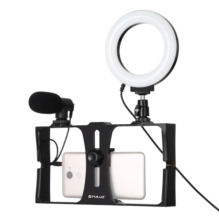PULUZ 3-in-1 브이로깅 라이브 방송 스마트폰 비디오 리그 + 마이크 + 4.7인치 12cm 링 LED 셀피 라이트 키트, 콜드 슈 삼각대 헤드 포함, 아이폰, 갤럭시, 화웨이, 샤오미, HTC, LG, 구글 및 기타 스마트폰용, 3-in-1 링 LED
