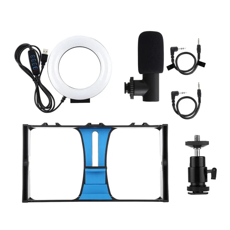PULUZ 3-in-1 브이로깅 라이브 방송 스마트폰 비디오 리그 + 마이크 + 4.7인치 12cm 링 LED 셀피 라이트 키트, 콜드 슈 삼각대 헤드 포함, 아이폰, 갤럭시, 화웨이, 샤오미, HTC, LG, 구글 및 기타 스마트폰용, 3-in-1 링 LED