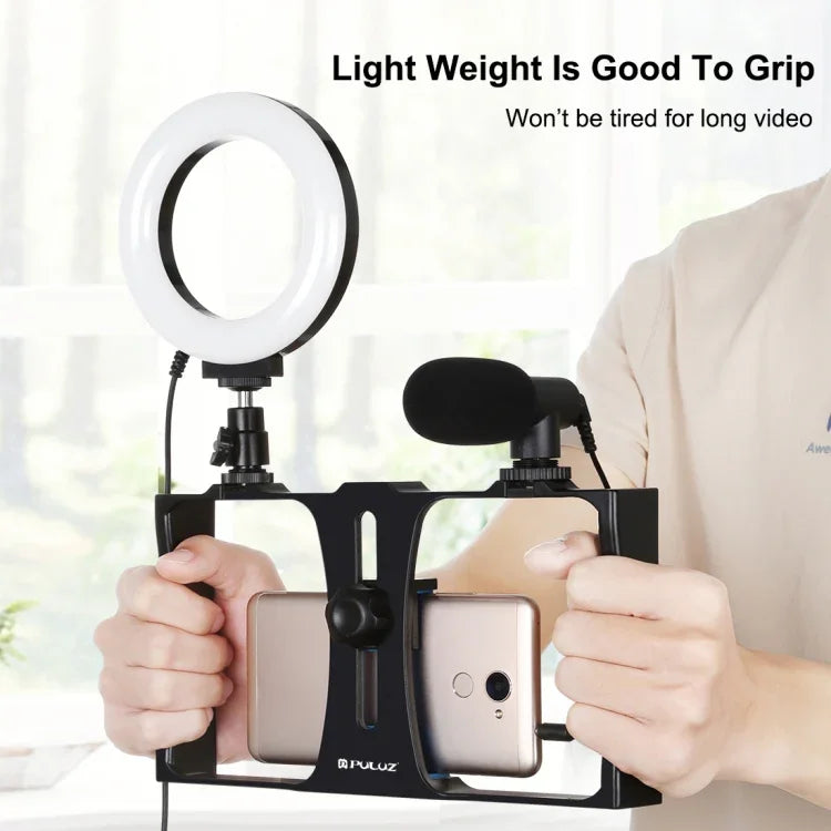 PULUZ 3-in-1 브이로깅 라이브 방송 스마트폰 비디오 리그 + 마이크 + 4.7인치 12cm 링 LED 셀피 라이트 키트, 콜드 슈 삼각대 헤드 포함, 아이폰, 갤럭시, 화웨이, 샤오미, HTC, LG, 구글 및 기타 스마트폰용, 3-in-1 링 LED