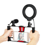 PULUZ 3-in-1 브이로깅 라이브 방송 스마트폰 비디오 리그 + 마이크 + 4.7인치 12cm 링 LED 셀피 라이트 키트, 콜드 슈 삼각대 헤드 포함, 아이폰, 갤럭시, 화웨이, 샤오미, HTC, LG, 구글 및 기타 스마트폰용, 3-in-1 링 LED