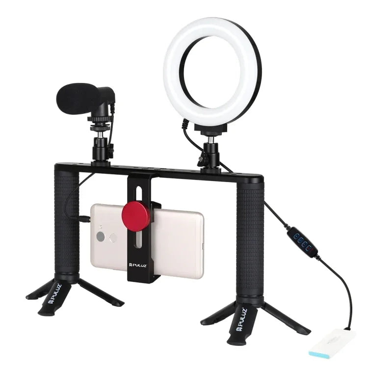 PULUZ 4-in-1 브이로깅 라이브 방송 4.7인치 12cm 링 LED 셀피 라이트 스마트폰 비디오 리그 핸들 스태빌라이저 알루미늄 브래킷 키트, 마이크 + 삼각대 마운트 + 콜드 슈 삼각대 헤드 포함, 링 LED 알루미늄 브래킷 키트