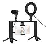 PULUZ 4-in-1 브이로깅 라이브 방송 4.7인치 12cm 링 LED 셀피 라이트 스마트폰 비디오 리그 핸들 스태빌라이저 알루미늄 브래킷 키트, 마이크 + 삼각대 마운트 + 콜드 슈 삼각대 헤드 포함, 링 LED 알루미늄 브래킷 키트