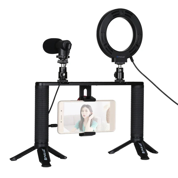 PULUZ 4-in-1 브이로깅 라이브 방송 4.7인치 12cm 링 LED 셀피 라이트 스마트폰 비디오 리그 핸들 스태빌라이저 알루미늄 브래킷 키트, 마이크 + 삼각대 마운트 + 콜드 슈 삼각대 헤드 포함, 링 LED 알루미늄 브래킷 키트