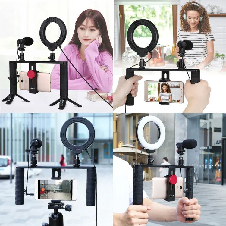 PULUZ 4-in-1 브이로깅 라이브 방송 4.7인치 12cm 링 LED 셀피 라이트 스마트폰 비디오 리그 핸들 스태빌라이저 알루미늄 브래킷 키트, 마이크 + 삼각대 마운트 + 콜드 슈 삼각대 헤드 포함, 링 LED 알루미늄 브래킷 키트