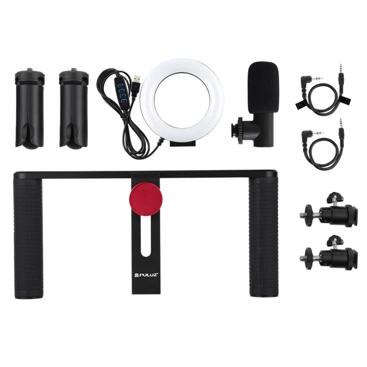 PULUZ 4-in-1 브이로깅 라이브 방송 4.7인치 12cm 링 LED 셀피 라이트 스마트폰 비디오 리그 핸들 스태빌라이저 알루미늄 브래킷 키트, 마이크 + 삼각대 마운트 + 콜드 슈 삼각대 헤드 포함, 링 LED 알루미늄 브래킷 키트