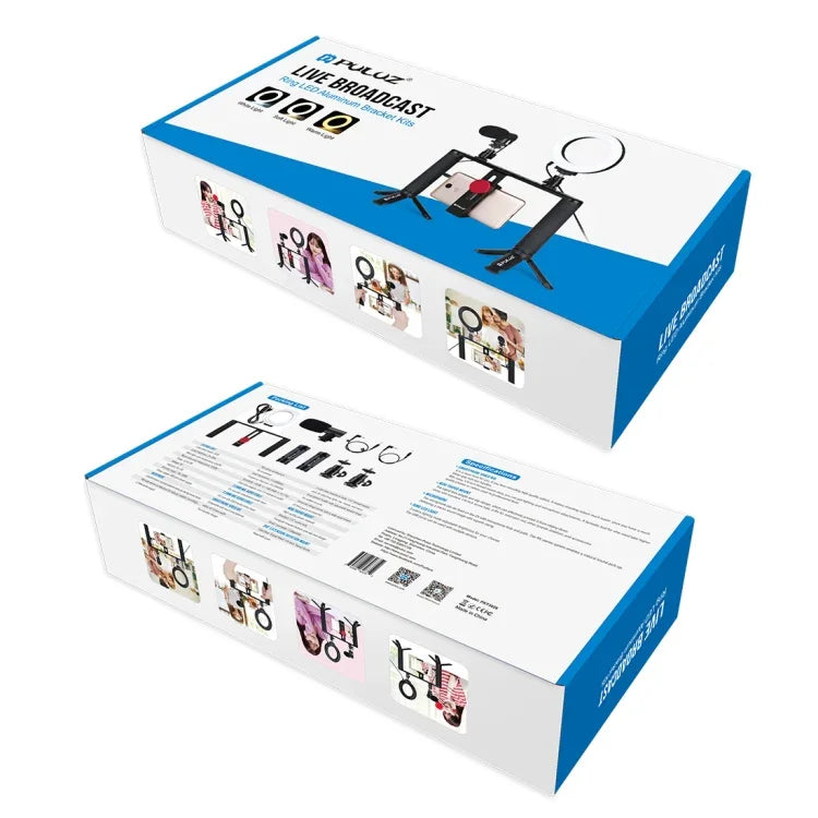 PULUZ 4-in-1 브이로깅 라이브 방송 4.7인치 12cm 링 LED 셀피 라이트 스마트폰 비디오 리그 핸들 스태빌라이저 알루미늄 브래킷 키트, 마이크 + 삼각대 마운트 + 콜드 슈 삼각대 헤드 포함, 링 LED 알루미늄 브래킷 키트
