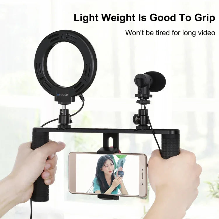 PULUZ 4-in-1 브이로깅 라이브 방송 4.7인치 12cm 링 LED 셀피 라이트 스마트폰 비디오 리그 핸들 스태빌라이저 알루미늄 브래킷 키트, 마이크 + 삼각대 마운트 + 콜드 슈 삼각대 헤드 포함, 링 LED 알루미늄 브래킷 키트