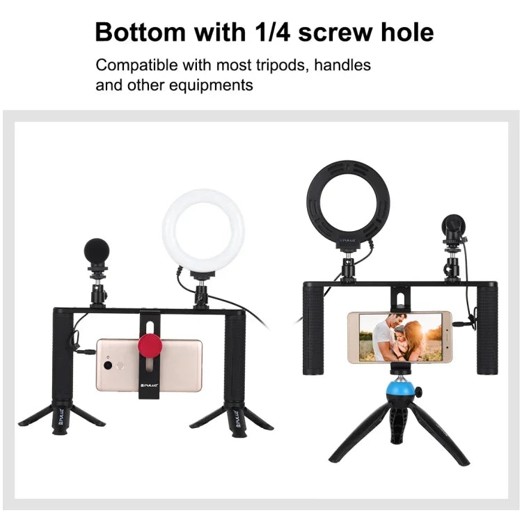 PULUZ 4-in-1 브이로깅 라이브 방송 4.7인치 12cm 링 LED 셀피 라이트 스마트폰 비디오 리그 핸들 스태빌라이저 알루미늄 브래킷 키트, 마이크 + 삼각대 마운트 + 콜드 슈 삼각대 헤드 포함, 링 LED 알루미늄 브래킷 키트
