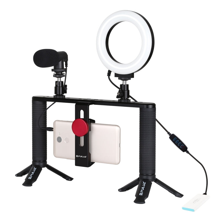 PULUZ 4-in-1 브이로깅 라이브 방송 4.7인치 12cm 링 LED 셀피 라이트 스마트폰 비디오 리그 핸들 스태빌라이저 알루미늄 브래킷 키트, 마이크 + 삼각대 마운트 + 콜드 슈 삼각대 헤드 포함, 링 LED 알루미늄 브래킷 키트