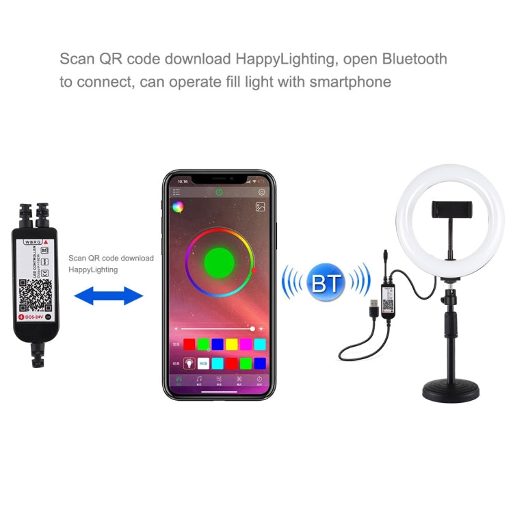 PULUZ 7.9인치 20cm RGBW 라이트 + 원형 베이스 데스크탑 마운트 조광 LED 이중 색온도 LED 곡선 라이트 링 브이로깅 셀피 사진 영상 조명 폰 클램프 포함, 7.9인치 + 원형 마운트