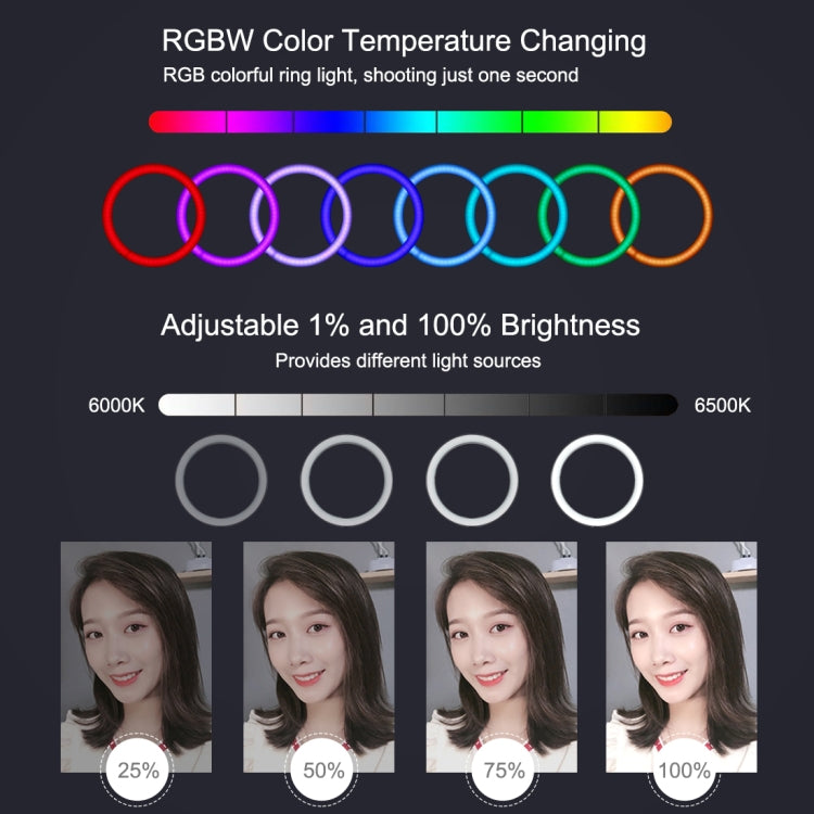 PULUZ 7.9인치 20cm RGBW 라이트 + 원형 베이스 데스크탑 마운트 조광 LED 이중 색온도 LED 곡선 라이트 링 브이로깅 셀피 사진 영상 조명 폰 클램프 포함, 7.9인치 + 원형 마운트