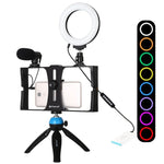 PULUZ 4-in-1 브이로깅 라이브 방송 스마트폰 비디오 리그 + 4.7인치 12cm RGBW 링 LED 셀피 라이트 + 마이크 + 포켓 삼각대 마운트 키트, 콜드 슈 삼각대 헤드 포함, 4-in-1, 4-in-1 RGBW 링 LED