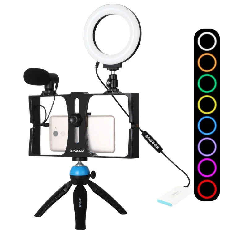 PULUZ 4-in-1 브이로깅 라이브 방송 스마트폰 비디오 리그 + 4.7인치 12cm RGBW 링 LED 셀피 라이트 + 마이크 + 포켓 삼각대 마운트 키트, 콜드 슈 삼각대 헤드 포함, 4-in-1, 4-in-1 RGBW 링 LED